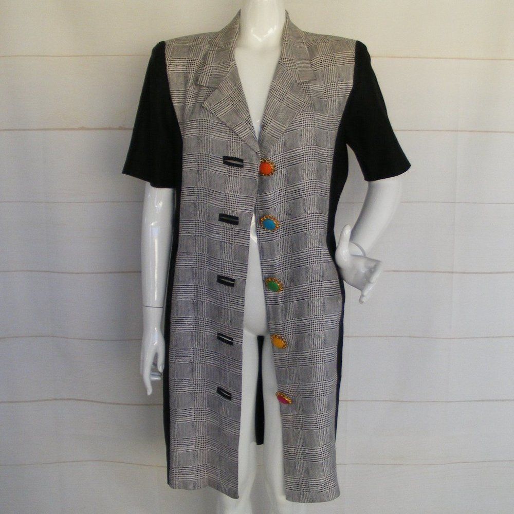 RICKIE FREEMAN/Teri Jon Dress, L, Houndstooth, Colorful Buttons,Black/Gray plaid - Picture 9 of 11